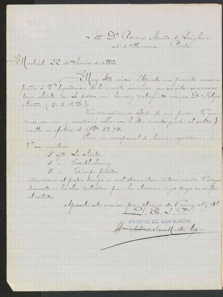 Miniatura de [Carta], 1883 Junio, Madrid a Rosario Acuña de Laiglesia