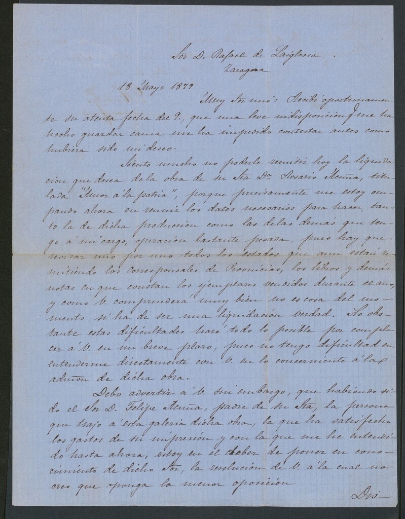 Miniatura de [Carta], 1879 Mayo 18, Madrid a Rafael de Laiglesia