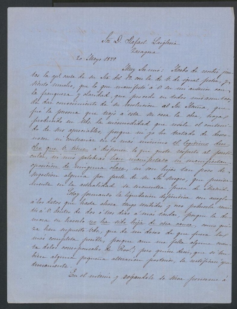 Miniatura de [Carta], 1879 Mayo 20, Madrid a Rafael de Laiglesia