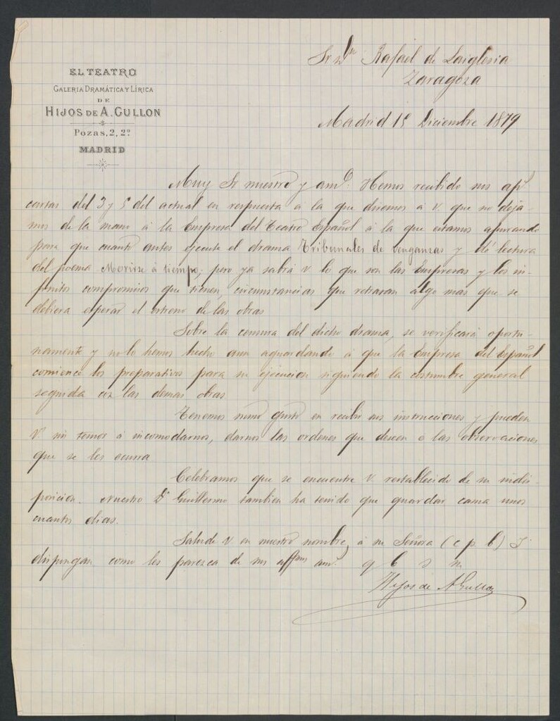 Miniatura de [Carta], 1879 Diciembre 15 Madrid, a Rafael de Laiglesia