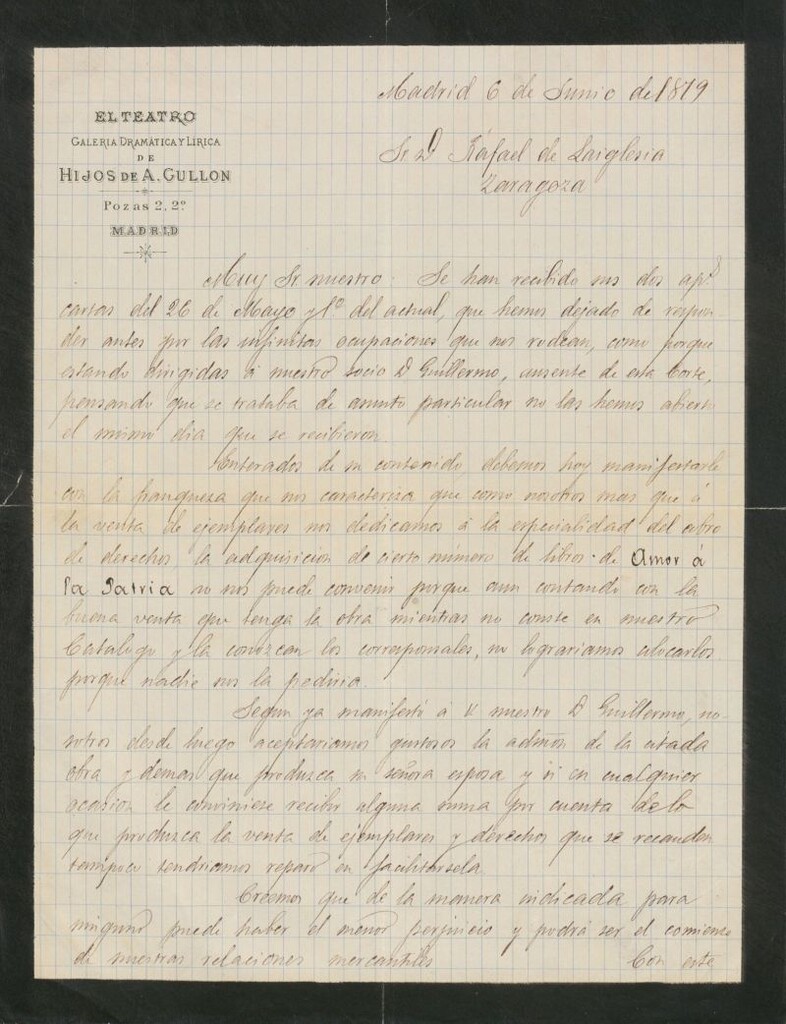 Miniatura de [Carta], 1879 Junio 6 Madrid, a Rafael de Laiglesia