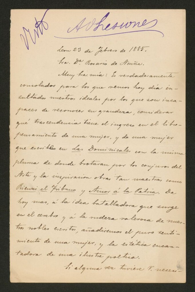 Miniatura de [Carta], 1885 Febrero 23, León, a Rosario de Acuña
