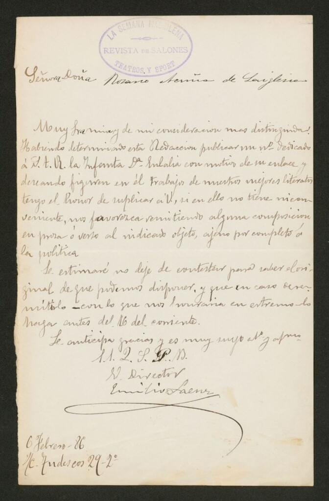 Miniatura de [Carta], 1886 Febrero 6, Madrid, a Rosario Acuña de Laiglesia