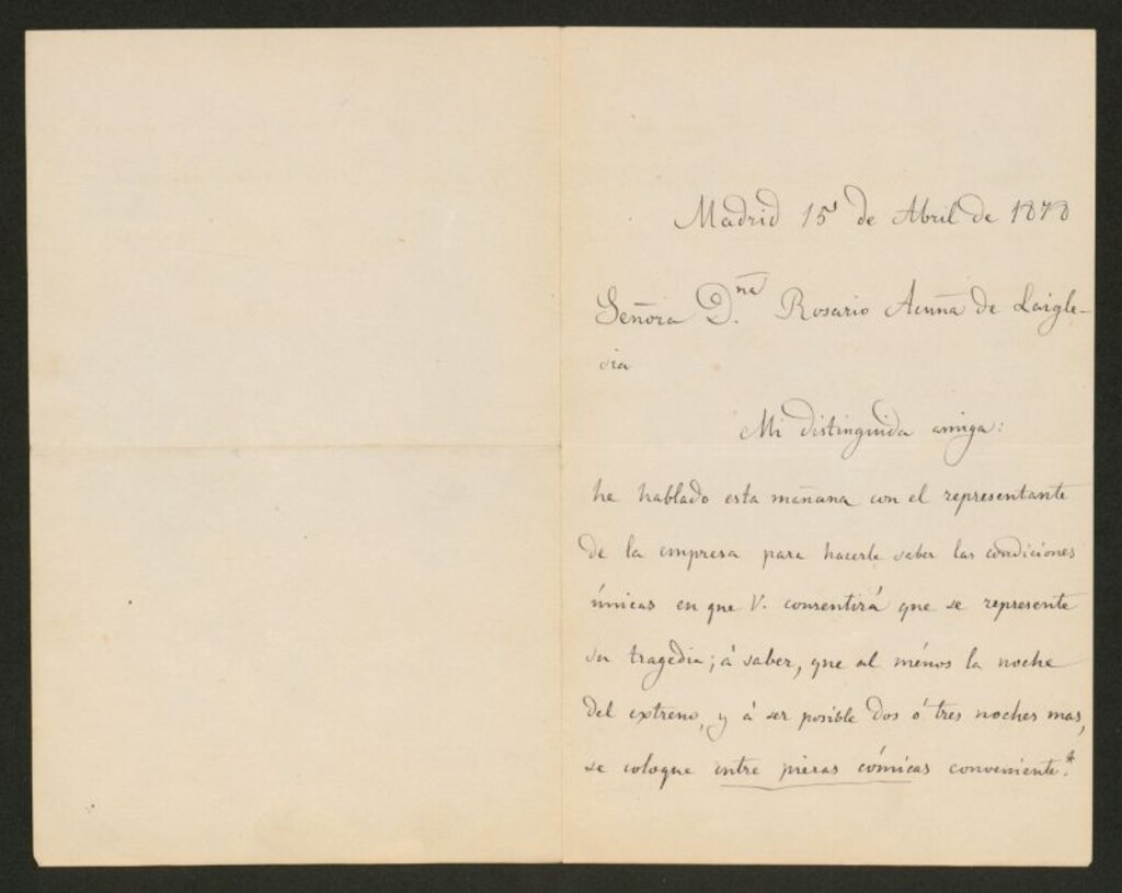Miniatura de [Carta], 1878 Abril 15, Madrid a Rosario Acuña de Laiglesia