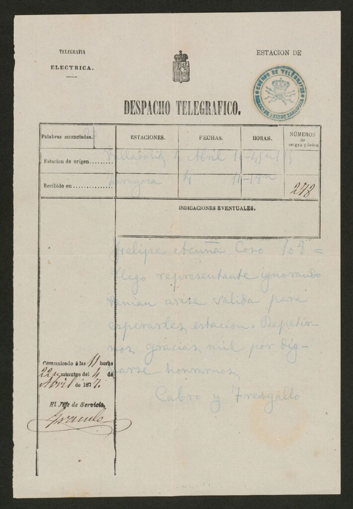 Miniatura de [Telegrama], 1877 abril 4, Valladolid a Rosario Acuña