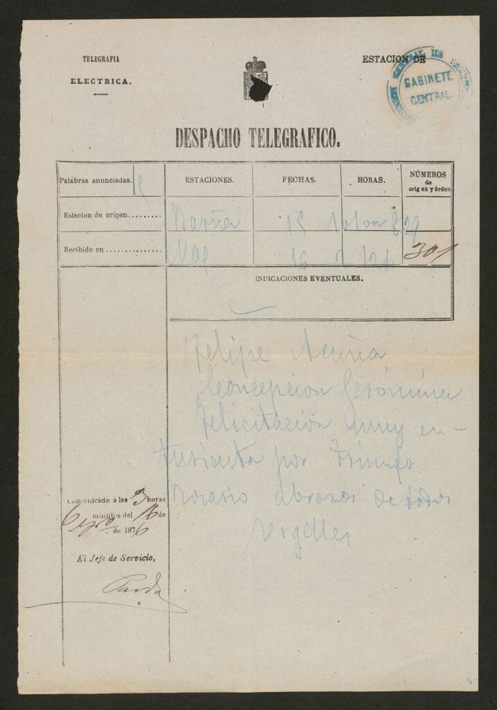 Miniatura de [Telegrama], 1876 Febrero 16, Barcelona a Felipe Acuña