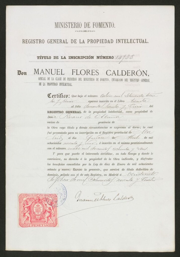 Miniatura de [Inscripción en el Registro General de la Propiedad Intelectual de la obra "El Padre Juan, drama en tres actos y en prosa" de Rosario de Acuña