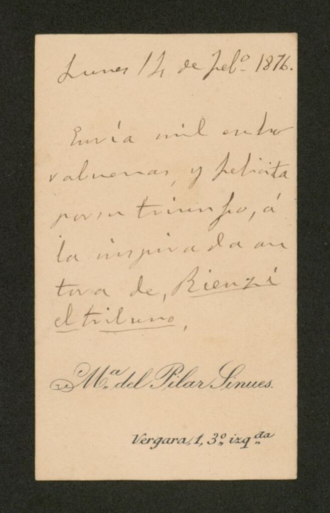 Miniatura de [Tarjeta de visita], 1876 feb. lunes 14, Madrid a la autora de "Rienzi el tribuno"