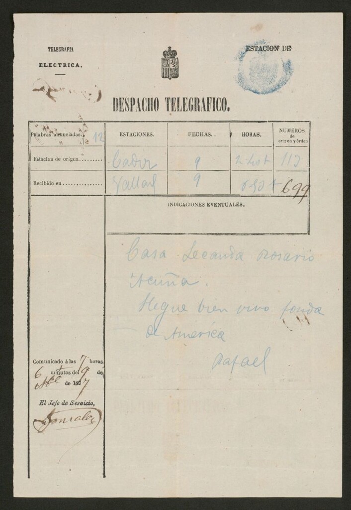 Miniatura de [Telegrama], 1877 abril 9, Cádiz a Rosario Acuña