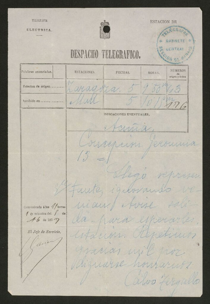 Miniatura de [Telegrama], 1877 abril 5, Zaragoza a Rosario Acuña