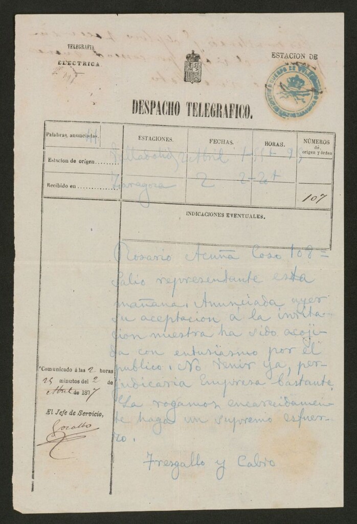 Miniatura de [Telegrama], 1877 abril 2, Valladolid a Rosario Acuña