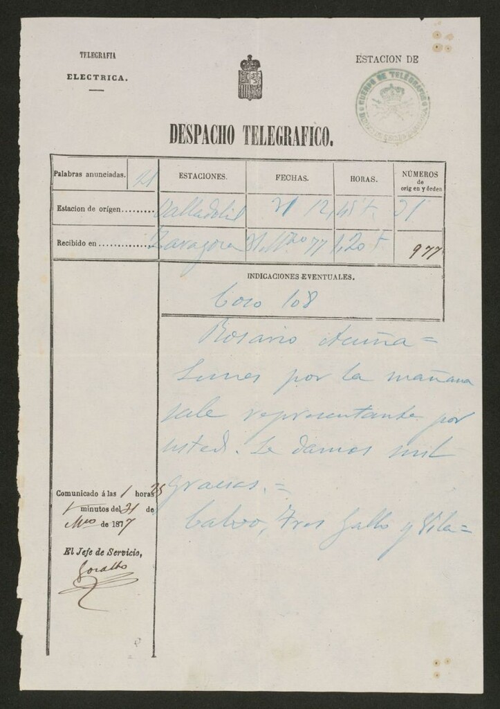 Miniatura de [Telegrama], 1877 marzo 31, Valladolid a Rosario Acuña