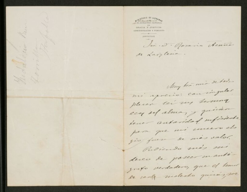 Miniatura de [Carta], 1876 Octubre 21, Madrid, a Rosario de Acuña de Laiglesia