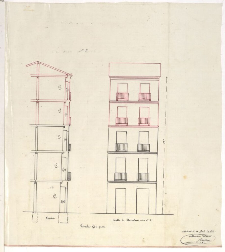 Miniatura de D. Gaspar González de Gaona, pidiendo licencia para levantar un piso en la casa nº 7 de la calle de Hortaleza.