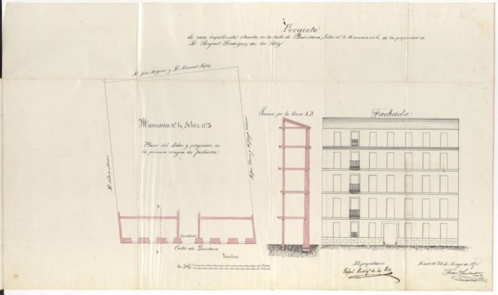 Miniatura de D. Rafael Rodríguez de los Rios, en solicitud de licencia para construir de nueva planta en el solar nº 3, manzana 16 de la calle de Quintana, del Barrio de Argüelles.