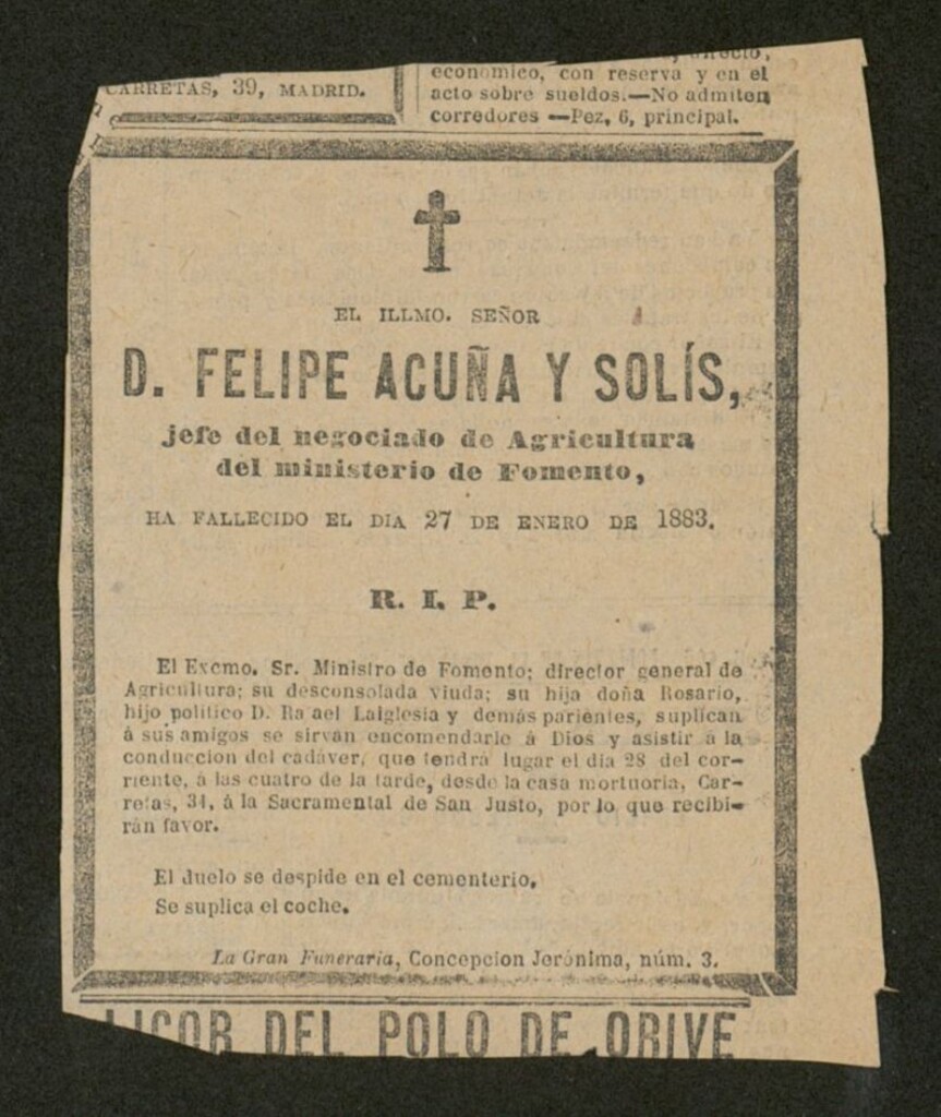 Miniatura de [Esquelas y recortes de periódicos sobre el fallecimiento de Felipe de Acuña]