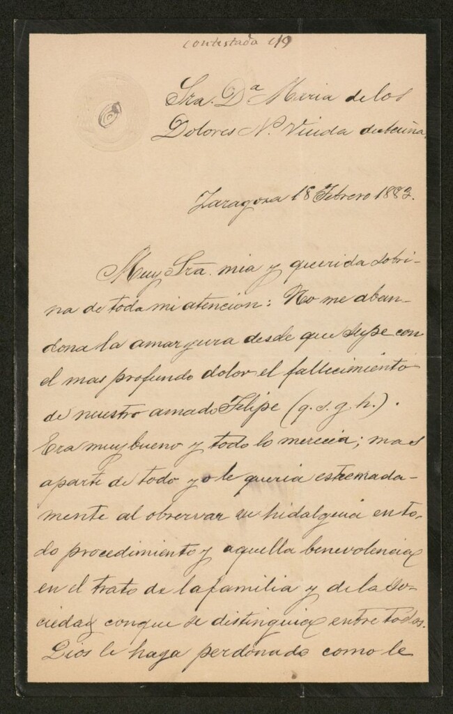 Miniatura de [Carta], 1883 Febrero 18, Zaragoza, a María de los Dolores, viuda de Acuña