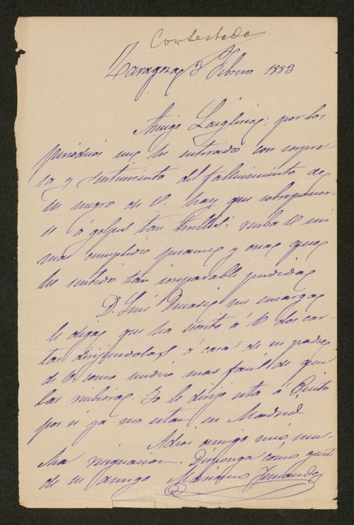 Miniatura de [Carta],1883 Febrero 3, Zaragoza a Rafael Laiglesia