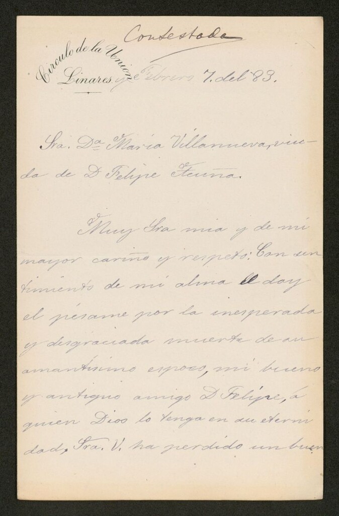 Miniatura de [Carta],1883 Febrero 7, Linares a María Villanueva viuda de Felipe Acuña