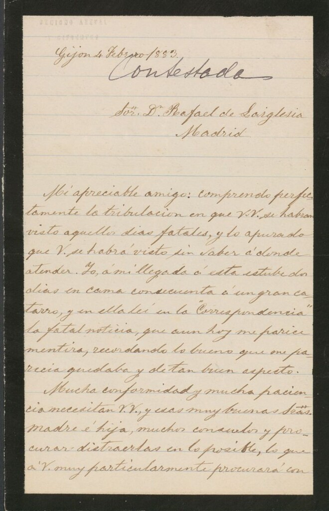 Miniatura de [Carta],1883 Febrero 4, Gijón a Rafael de Laiglesia