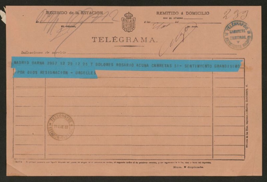 Miniatura de [Telegrama], 1883 Enero 29, Barcelona a Dolores y Rosario Acuña