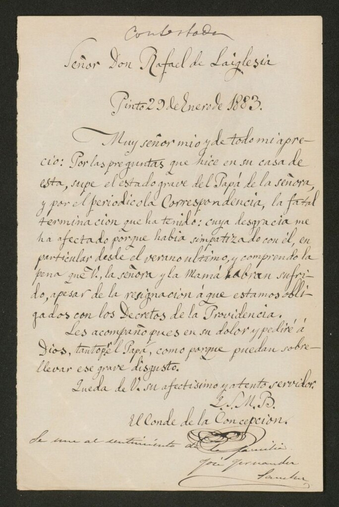 Miniatura de [Carta],1883 Enero 29, Pinto a Rafael de Laiglesia