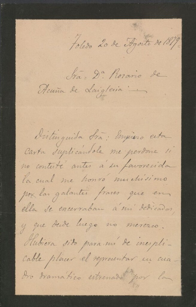 Miniatura de [Carta], 1879 Agosto 20, Toledo a Rosario de Acuña de Laiglesia