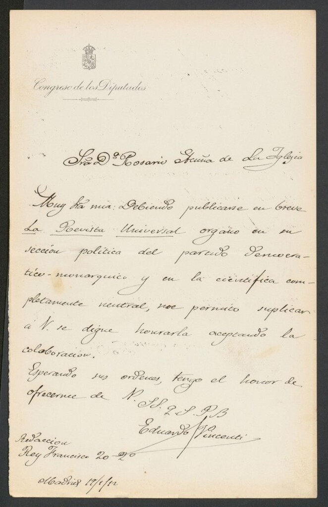 Miniatura de [Carta], 1882 Enero 19, Madrid a Rosario Acuña de Laiglesia