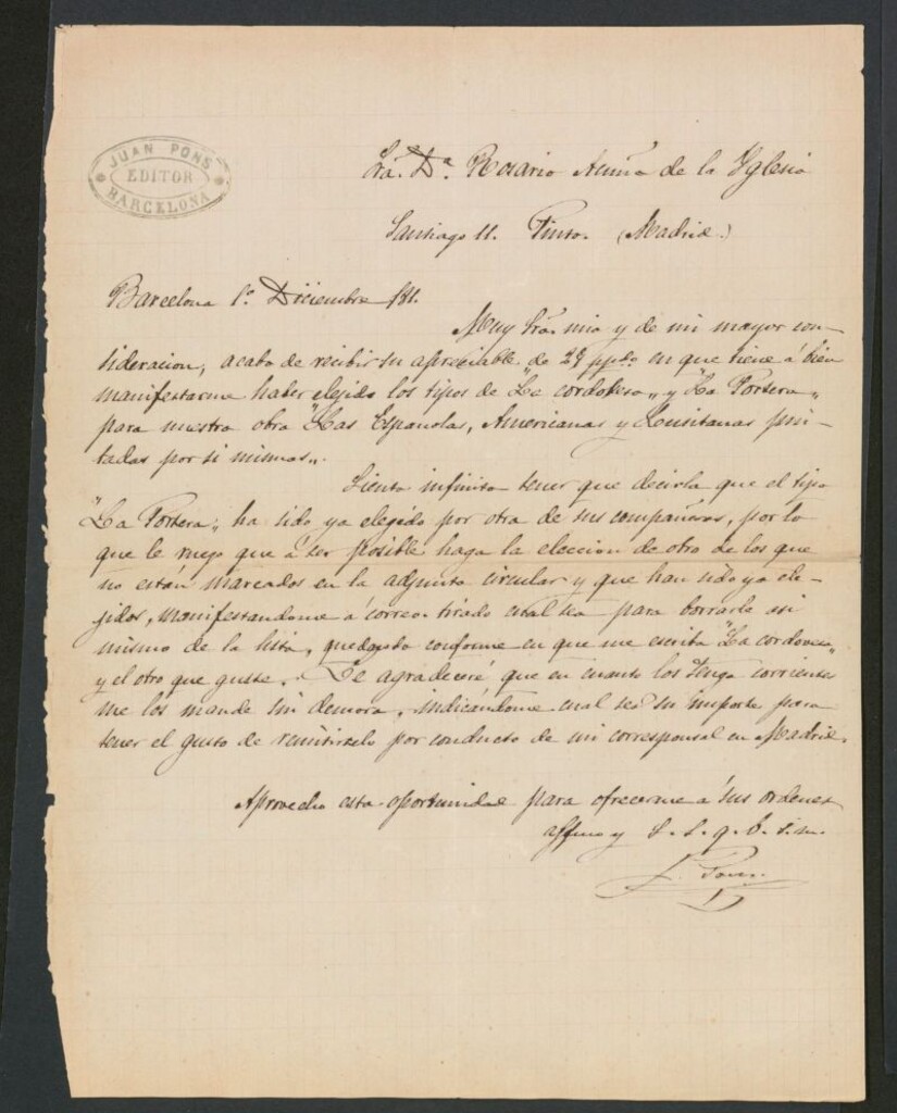 Miniatura de [Carta], 1881 Diciembre 1, Barcelona a Rosario Acuña de la Iglesia