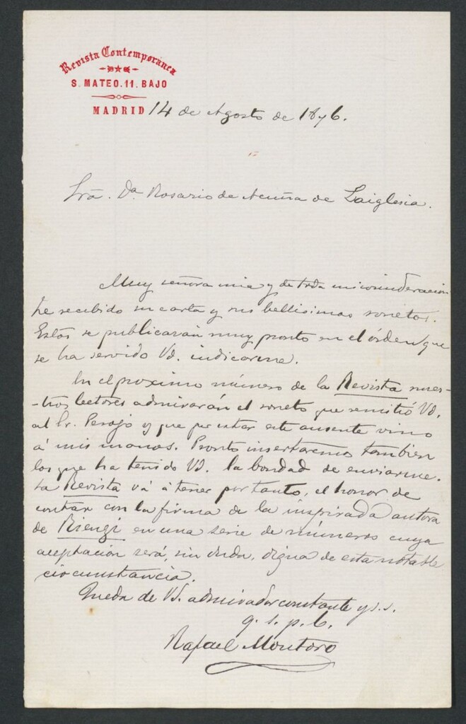 Miniatura de [Carta], 1896 Agosto 14, Madrid a Rosario de Acuña de Laiglesia