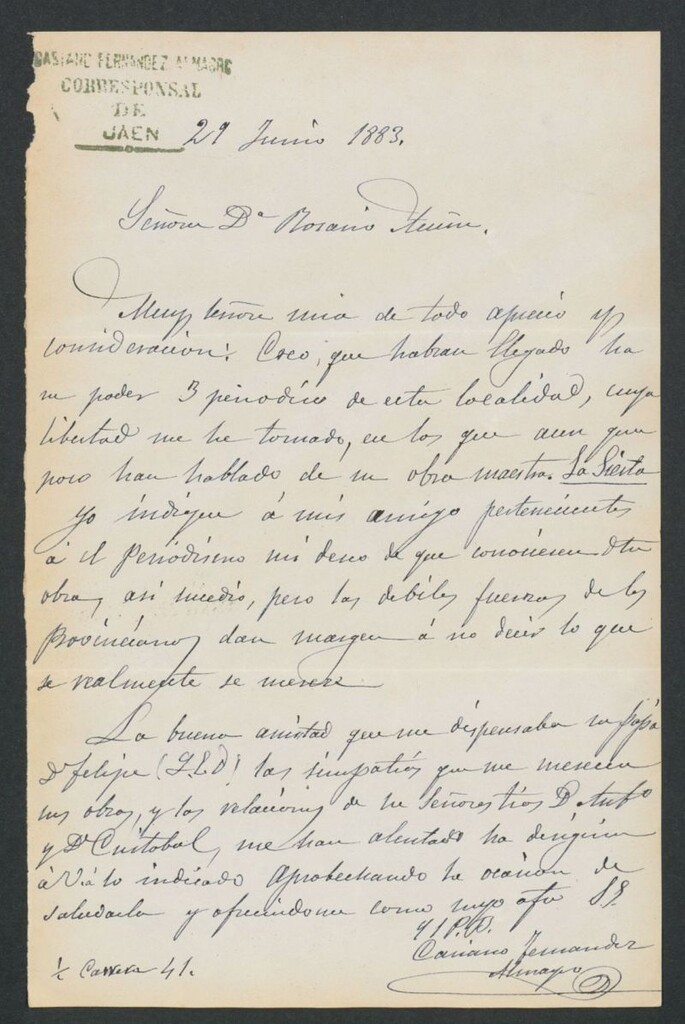 Miniatura de [Carta], 1883 Junio 29, Madrid a Rosario Acuña
