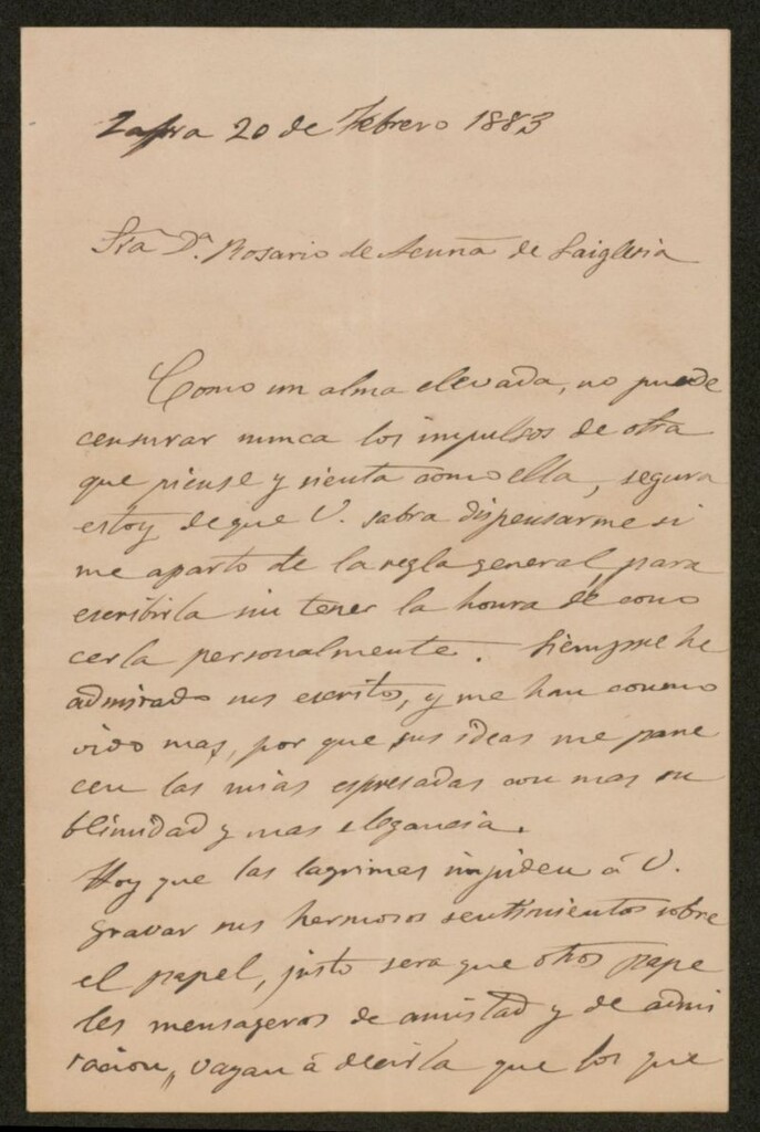 Miniatura de [Carta],1883 Febrero 20, Zafra a Rosario de Acuña de Laiglesia