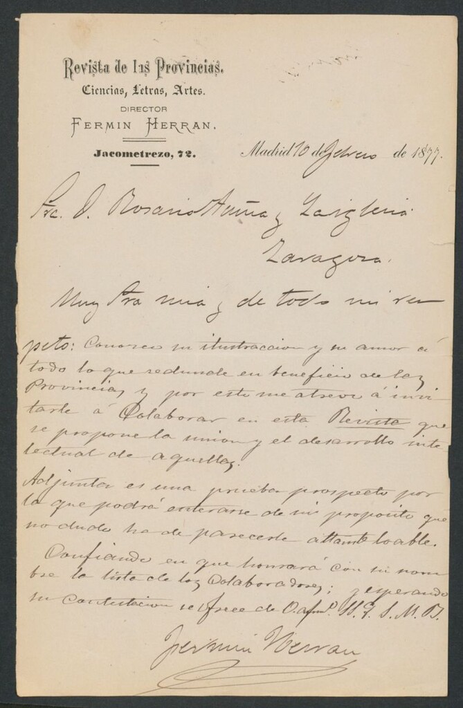 Miniatura de [Carta], 1877 Febrero 10, Madrid a Rosario Acuña y Laiglesia
