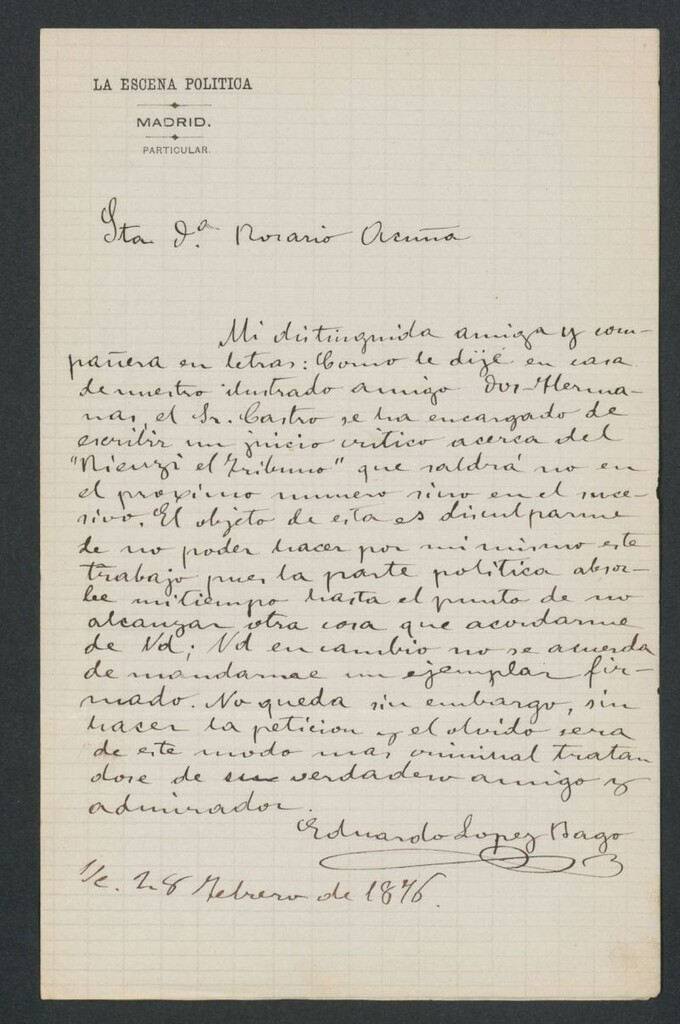 Miniatura de [Carta], 1876 Febrero 24, Madrid a Rosario Acuña