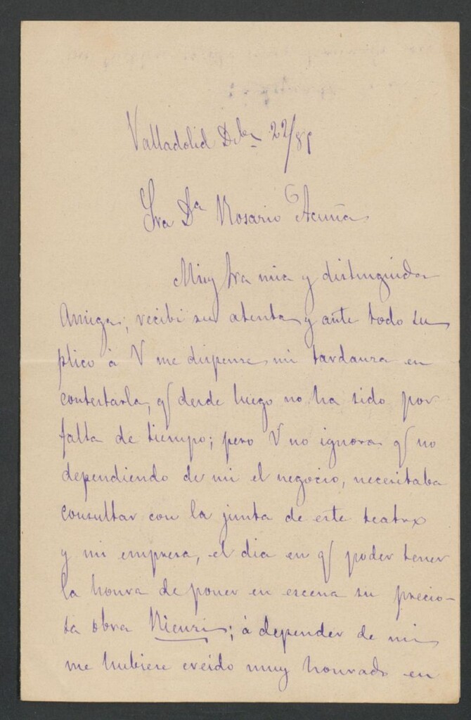 Miniatura de [Carta], 1885 Diciembre 22, Valladolid a Rosario Acuña