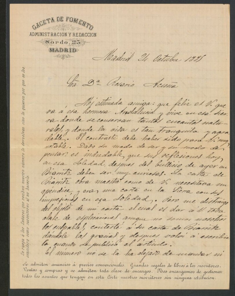Miniatura de [Carta], 1885 Octubre 24, Madrid a Rosario Acuña