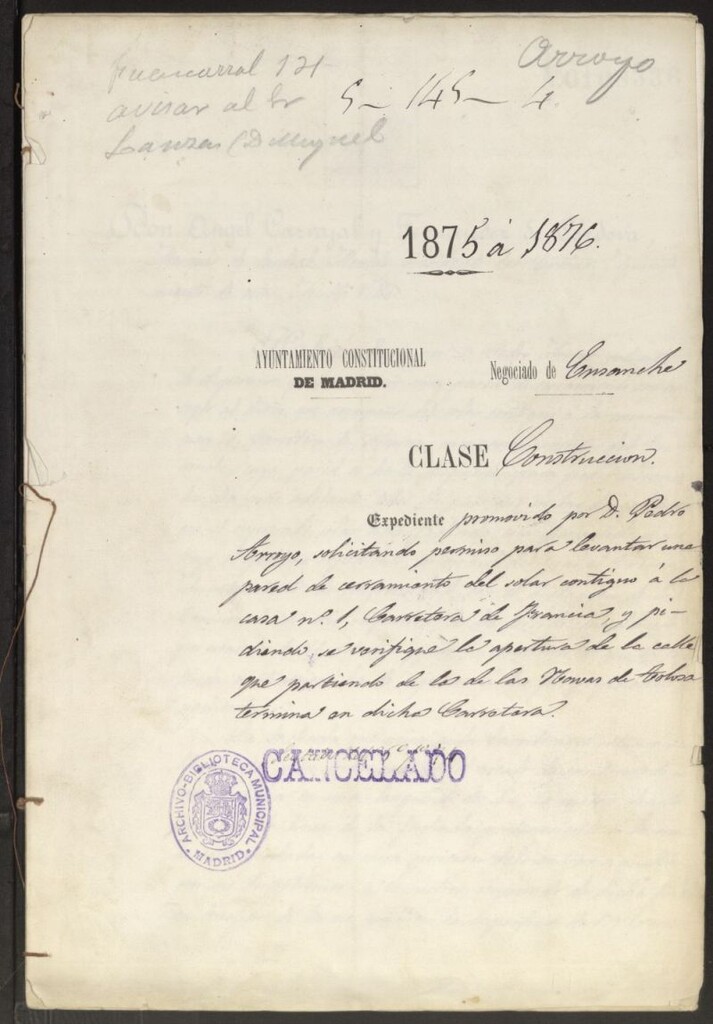 Miniatura de D. Pedro Arroyo, solicitando permiso para levantar una pared de cerramiento del solar contiguo a la casa nº1, Carretera de Francia.