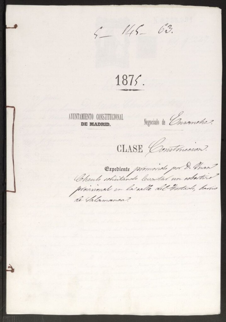 Miniatura de D. Juan Cheulo, solicitando levantar un cobertizo provisional en la calle del tostado, barrio de Salamanca.