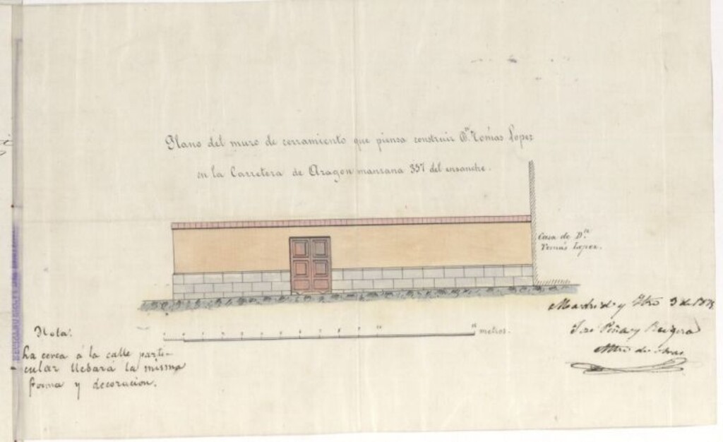 Miniatura de D. Tomás López, solicitando levantar una tapia de cerramiento de un terreno en la carretera de Aragón.