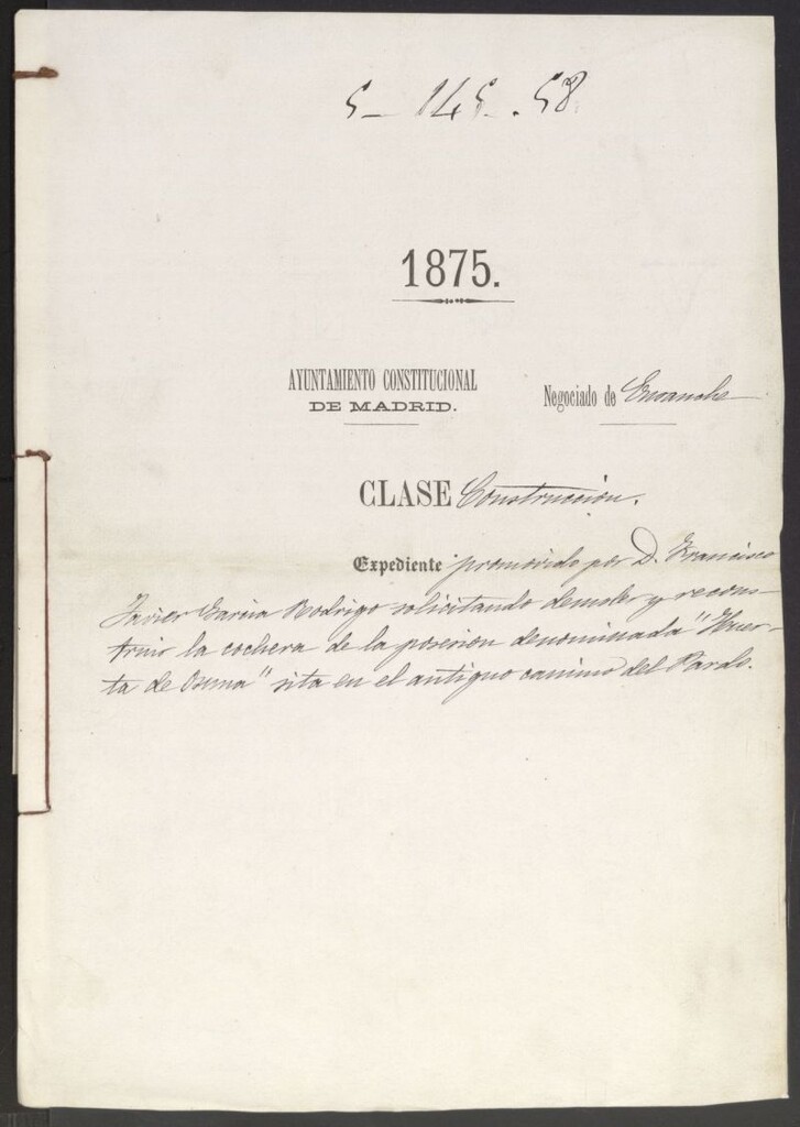 Miniatura de D. Francisco Javier García Rodrigo, solicitando demoler y reconstruir la cochera de la posesión denominada "Huerta de Osuna", sita en el antiguo camino del Pardo.