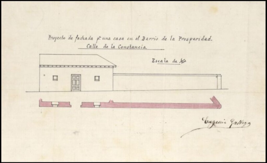 Miniatura de D. Sandalio Muñoz y Calle, solicitando levantar una casa en el barrio de la Prosperidad.