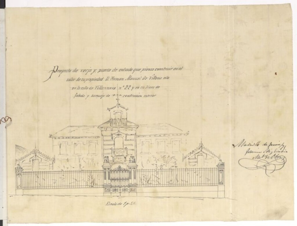 Miniatura de D. Ramón Manuel Villena, solicitando cercar con verja de hierro el solar nº 22 de la calle de Villanueva.