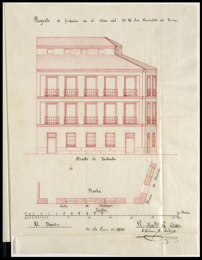Miniatura de D. José Bernaldo de Quirós, solicitando continuar la edificación de la casa plaza de Olavide con vuelta a la calle de Trafalgar.