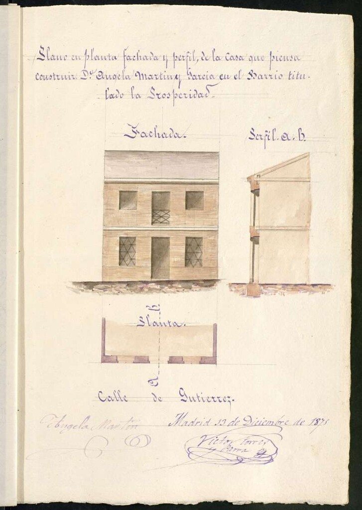 Miniatura de Dª Angela Martínez García, solicitando edificar en un solar del barrio de la Prosperidad.