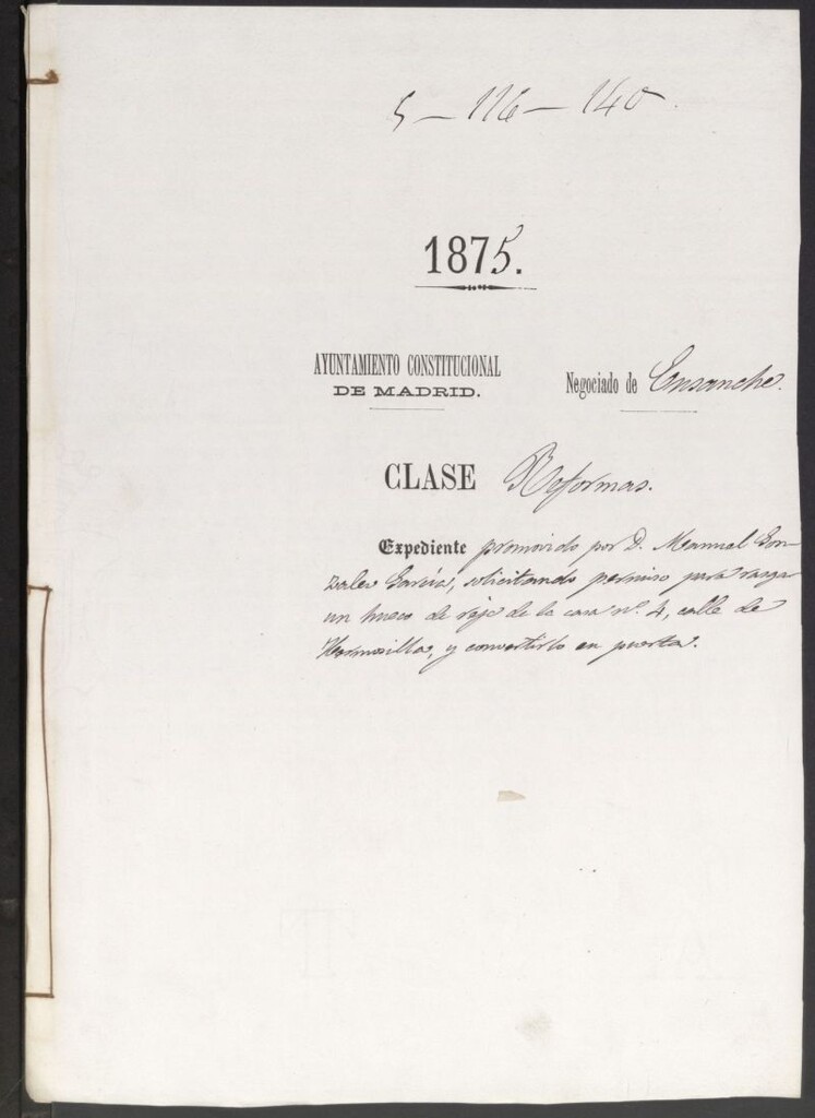 Miniatura de D. Manuel González García, solicitando permiso para rasgar un hueco de reja de la casa nº 4 de la calle Hermosilla, y convertirlo en puerta.