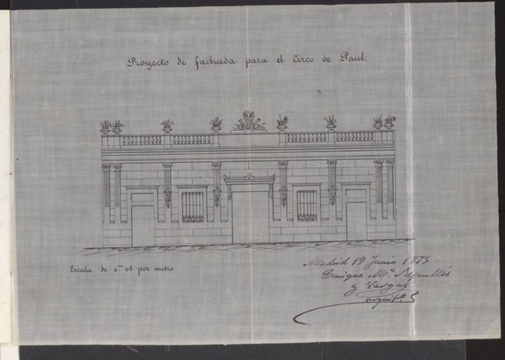 Miniatura de D. Francisco Ramón, en solicitud de licencia para verificar obras de reformas en el local "Circo de Paul, calle del Barquillo nº 7.