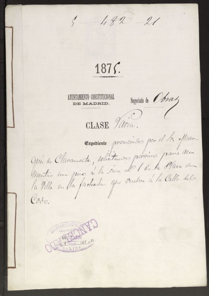 Miniatura de Sr. Marqués de Claramonte, solicitando permiso para aumentar un piso a la casa nº 1 de la Plaza de la Villa en la fachada que vuelve a la Calle del Codo.