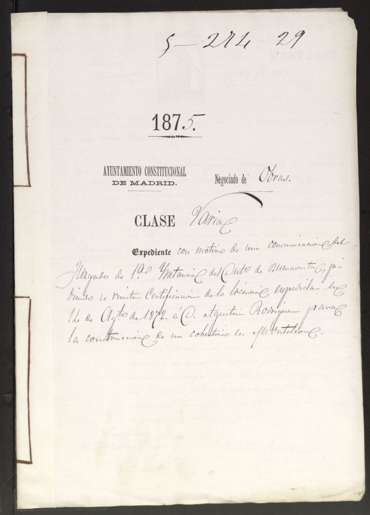 Miniatura de Juzgado de 1ª Instancia del Distrito de buenavista, pidiendo se remita Certificación de Licencia expedida el 14 de Agosto de 1872 a D. Agustín Rodríguez, para la construcción de un cobertizo en Monteleón.