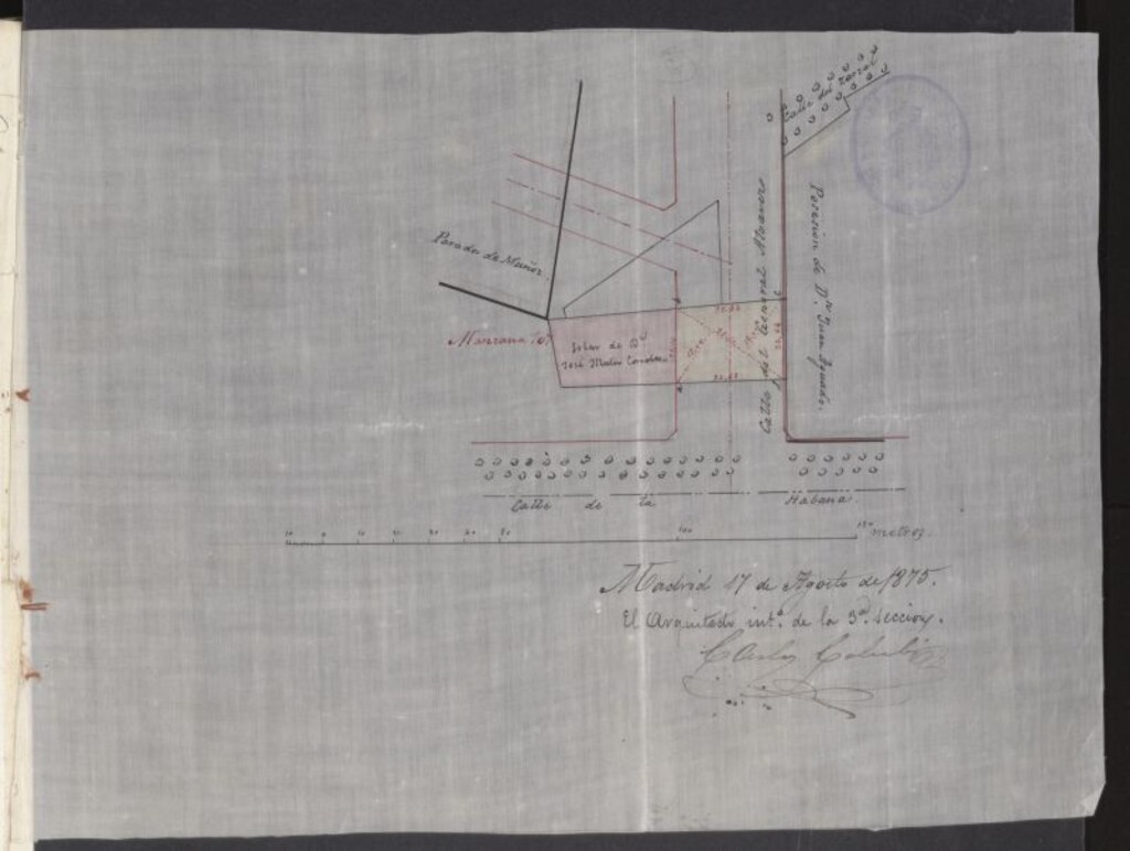 Miniatura de D. José Mateo Corrales, solicitando permiso para edificar en un solar de la calle del General Álvarez, prolongación de la de Trafalgar.