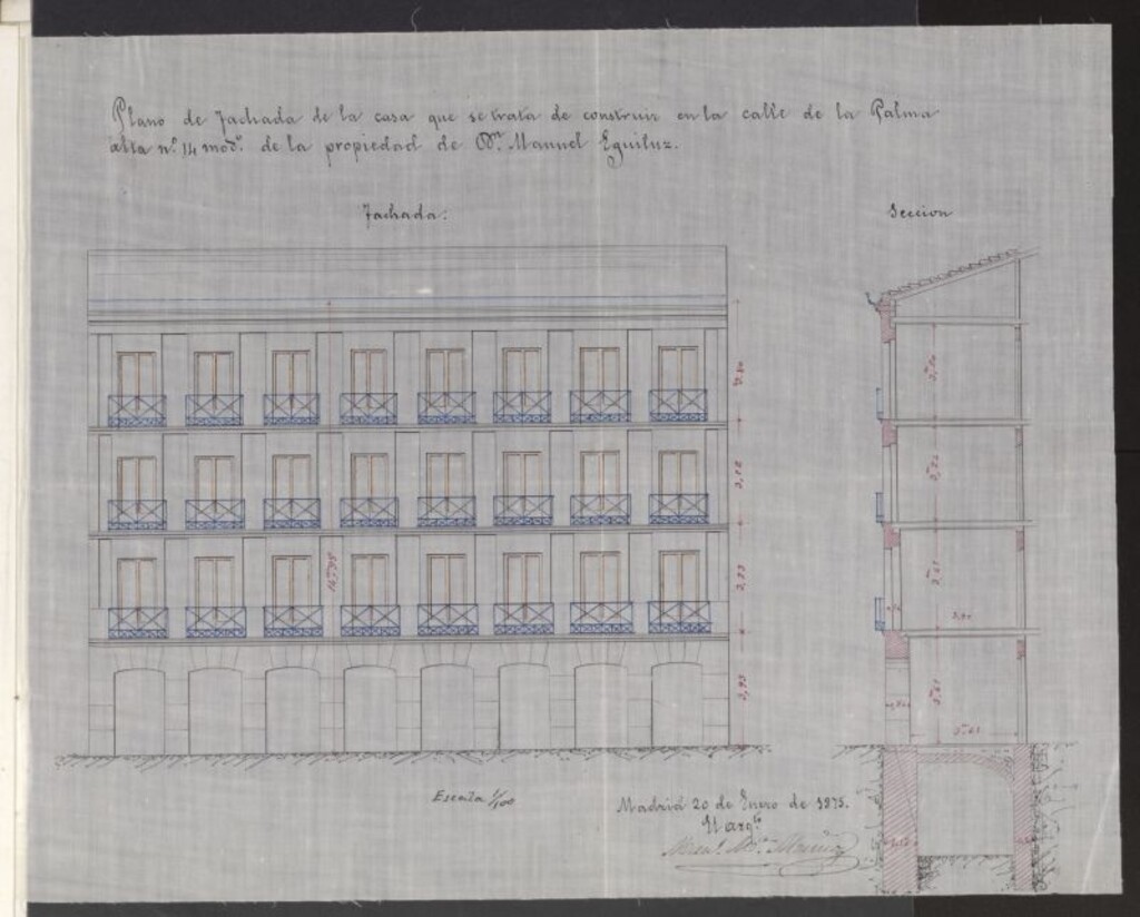 Miniatura de D. Manuel Eguiluz, en solicitud de licencia para construir de nueva planta la casa nº 14 de  la calle de la Palma alta.